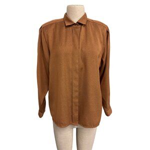 Vintage Yukali High Class Dress Blouse Button-Up Top Brown Long Sleeve Polyester